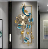 Azure Clover Bloom Peacock Wall Clock – Gold & Teal (16" x 36")