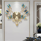 Golden Deer Antler Floral Wall Clock – Gold & Blue (21" x 22")