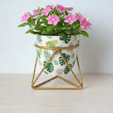 Geometric Botanical Metal Pot with Stand