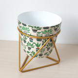 Green Foliage Printed Steel Pot with Golden Geometric Stand