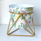 Multicolor Garden Printed Steel Pot with Golden Geometric Stand