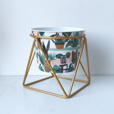 Cactus Mix Printed Steel Pot with Golden Geometric Stand