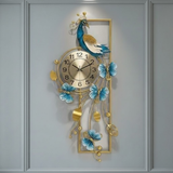 Azure Clover Bloom Peacock Wall Clock – Gold & Teal (16" x 36")