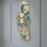Azure Clover Bloom Peacock Wall Clock – Gold & Teal (16" x 36")
