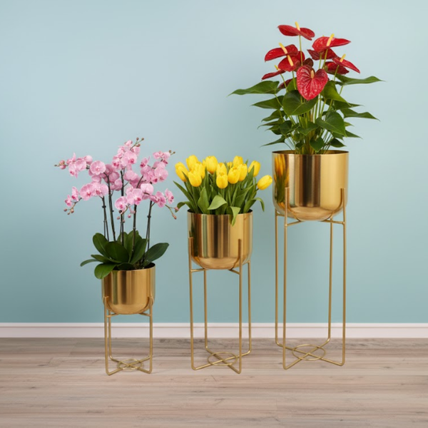 Luxe Gold Steel tree- tier Planter set