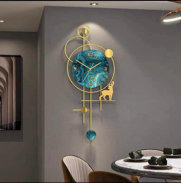 Azure Clover Bloom Panorama Wall Clock – Gold & Teal (48" x 24")
