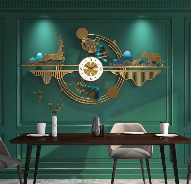 Azure Clover Bloom Panorama Wall Clock – Gold & Teal (16" x 36")