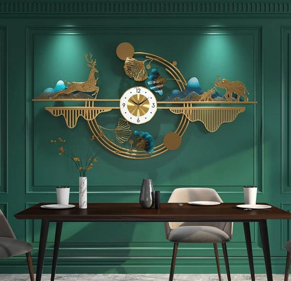 Azure Clover Bloom Panorama Wall Clock – Gold & Teal (16" x 36")
