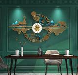 Azure Clover Bloom Panorama Wall Clock – Gold & Teal (16" x 36")
