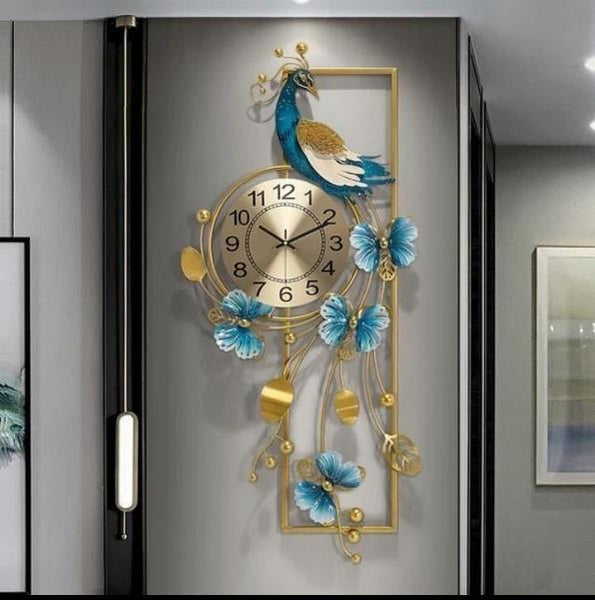 Azure Clover Bloom Panorama Wall Clock – Gold & Teal (36" x 16")