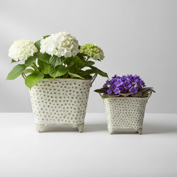 Oval Dotted Metal Pots with Antique Finish – Set of 2