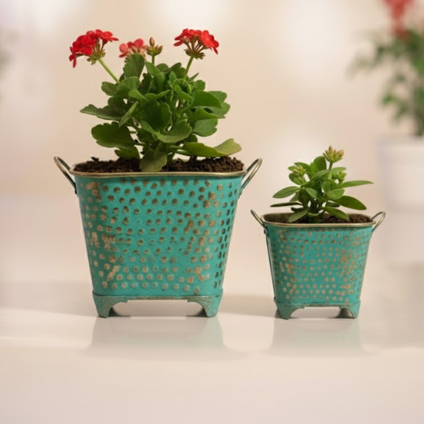 Oval Dotted Metal Pots with Antique Finish – Green Set