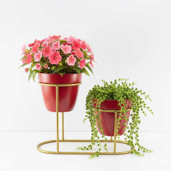 Ruby Red Three-Pot Steel Table Planter Stand