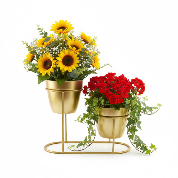 Champagne Gold Three-Pot Steel Table Planter Stand