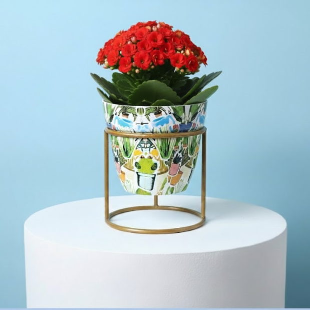 Botanical Art Metal Pot with Stand