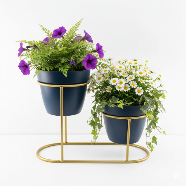 Charcoal Black Three-Pot Steel Table Planter Stand