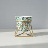Geometric Botanical Metal Pot with Stand