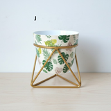 Geometric Botanical Metal Pot with Stand