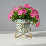 Geometric Botanical Metal Pot with Stand