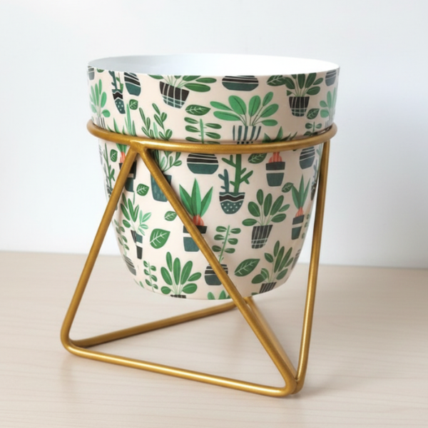 Green Foliage Printed Steel Pot with Golden Geometric Stand