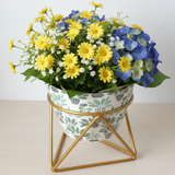 Green Foliage Printed Steel Pot with Golden Geometric Stand