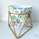 Multicolor Garden Printed Steel Pot with Golden Geometric Stand