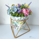 Multicolor Garden Printed Steel Pot with Golden Geometric Stand