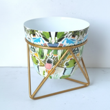 Tropical Garden Printed Steel Pot with Golden Geometric Stand