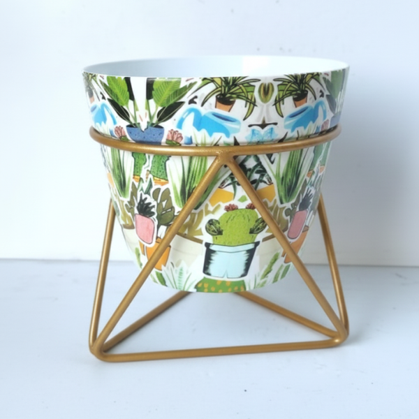 Tropical Garden Printed Steel Pot with Golden Geometric Stand