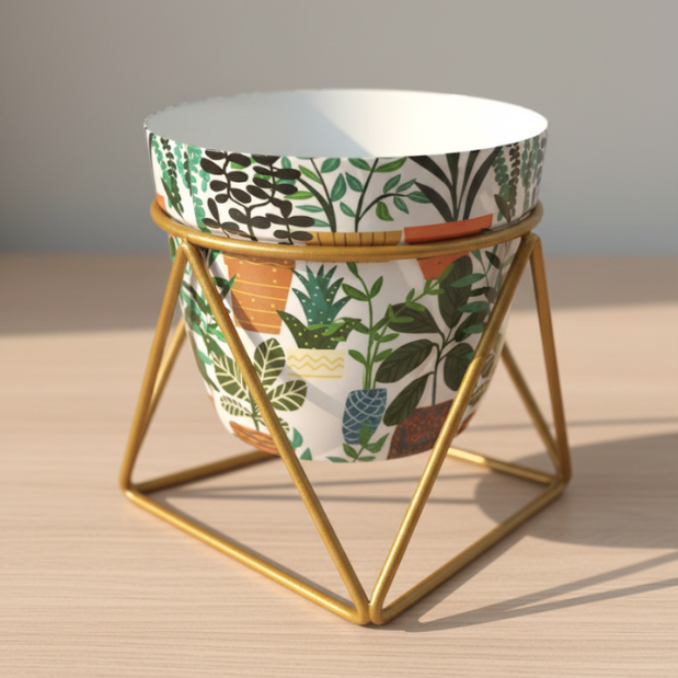 Potted Leaf Printed Steel Pot with Golden Geometric Stand
