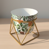Potted Leaf Printed Steel Pot with Golden Geometric Stand