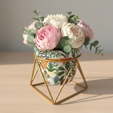 Potted Leaf Printed Steel Pot with Golden Geometric Stand