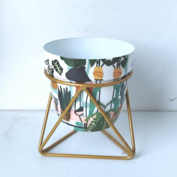 Cactus Mix Printed Steel Pot with Golden Geometric Stand