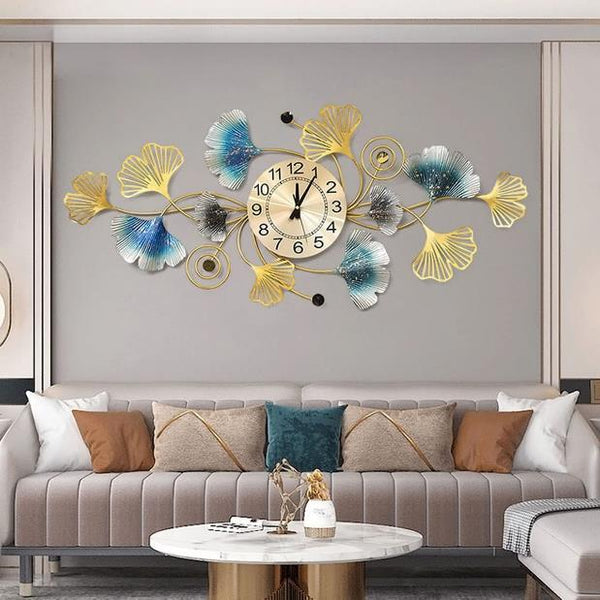 Azure Ginkgo Orbit Clock – Gold & Teal (24" x 24")