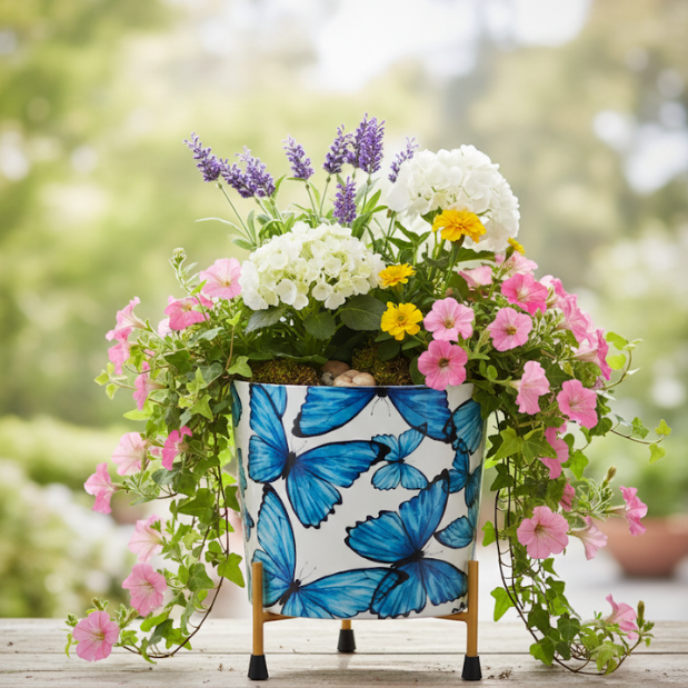 Blue Butterfly Metal Planter