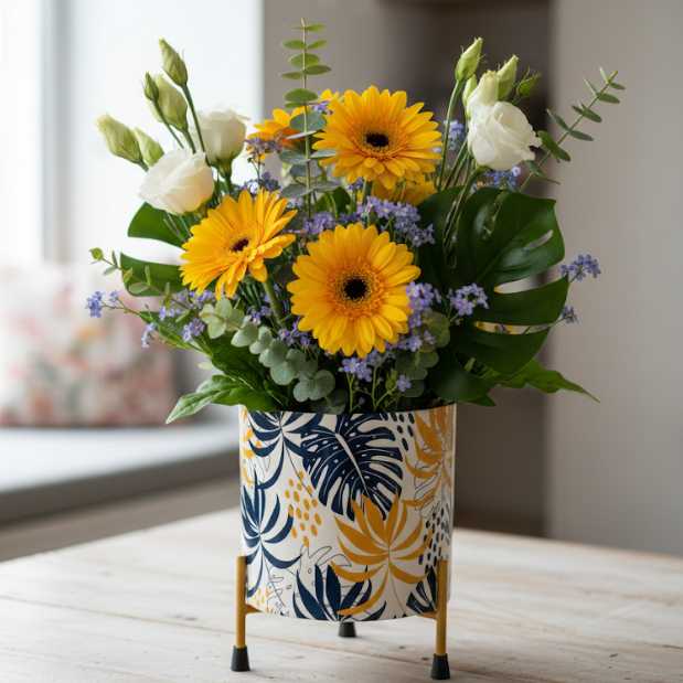 Tropical Leaves Metal Planter with Stand