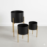 Black Cylinder Steel Planter Set with Gold Stand