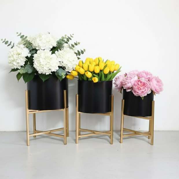 Black Cylinder Steel Planter Set with Gold Stand