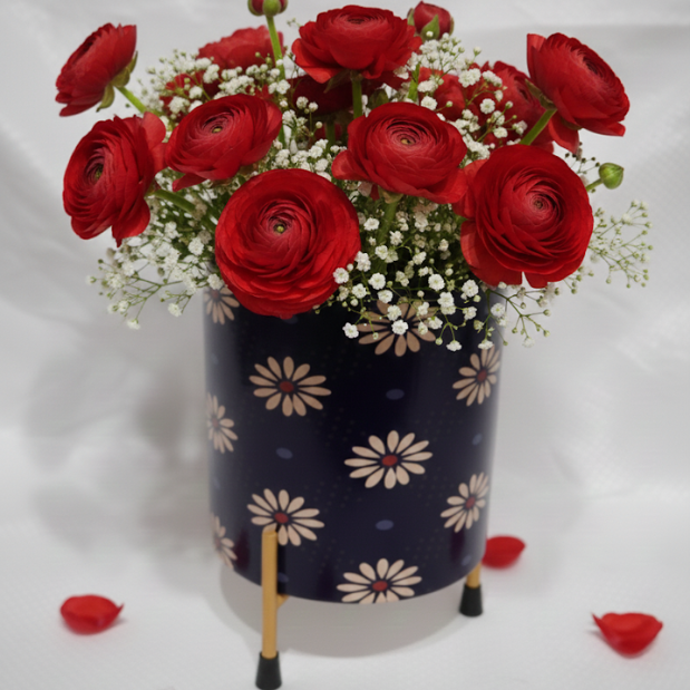 Navy Daisy Metal Planter with Stand