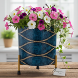 Textured Blue Rope Design Metal Planter with Stand
