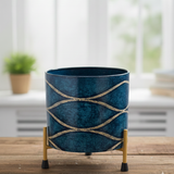 Textured Blue Rope Design Metal Planter with Stand