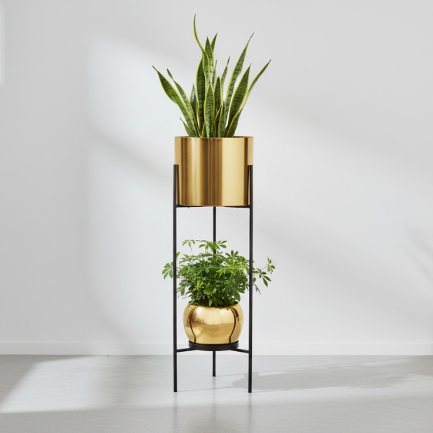 Luxe Golden Two-Tier Steel Planter Set