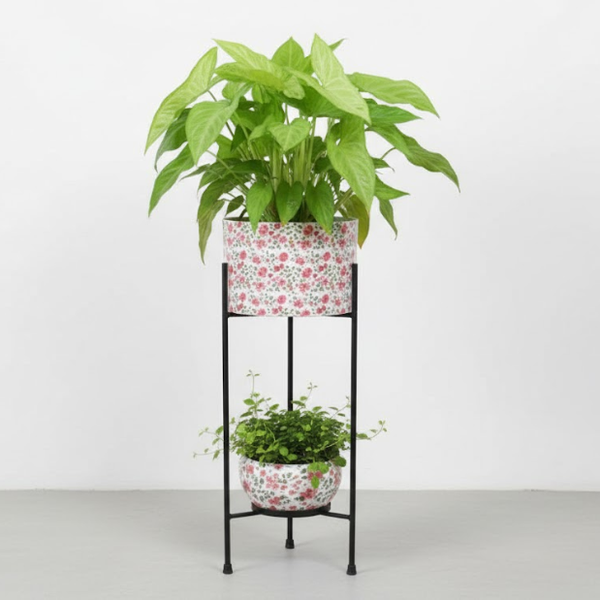 Eden Bloom Dual Steel Planter Stand – Floral Print