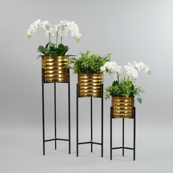 Premium Golden Steel Planter Set with Stands – Set of 3