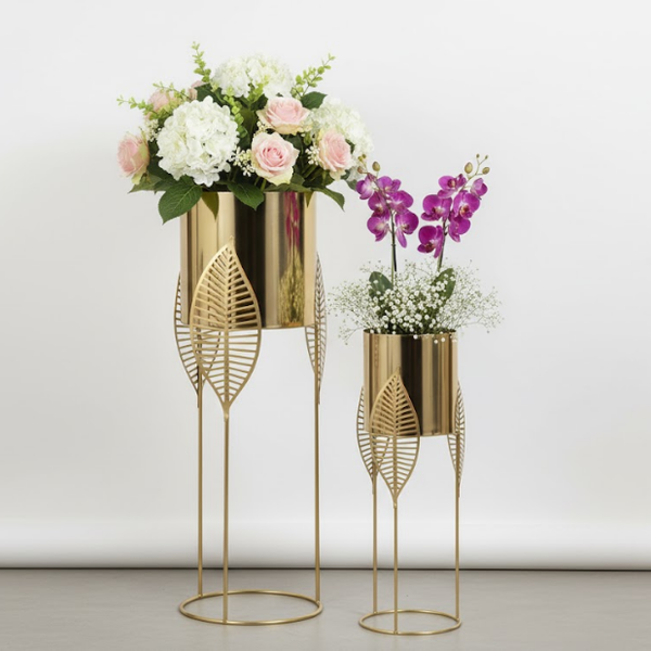 Luxury Gold Leaf Steel Planters – Set of 2