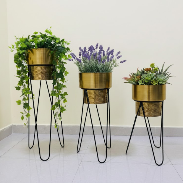 Premium Golden Steel Planter Set with Designer Stand – Set of 3
