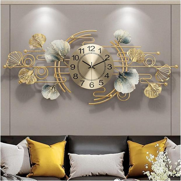 Ginkgo Garden Panorama Wall Clock – Gold & Teal (48" x 24")