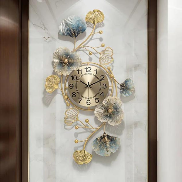 Azure Ginkgo Orbit Clock – Blue Gold Finish (40" x 22")