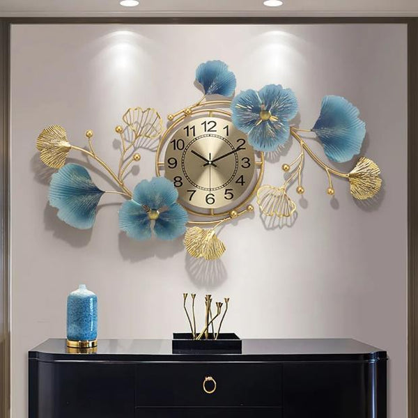 Azure Ginkgo Orbit Clock – Vertical, Blue Gold (22" x 40")