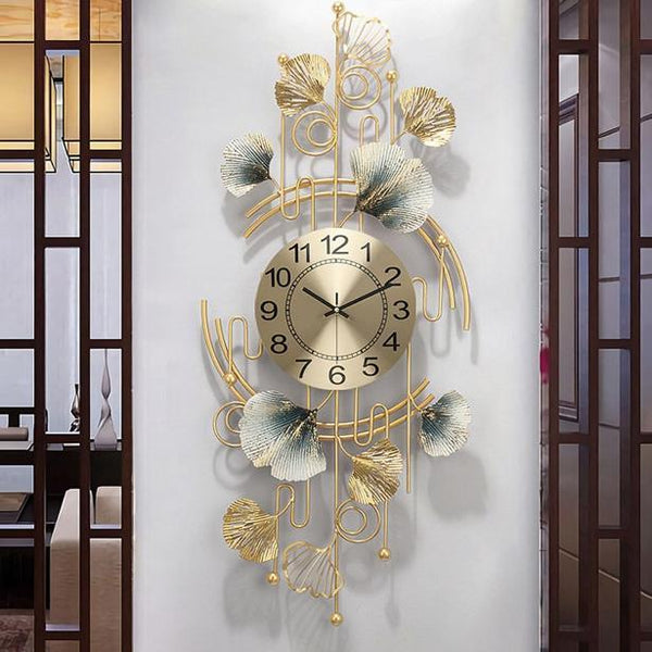 Ginkgo Garden Panorama Wall Clock – Gold & Teal (36" x 18")